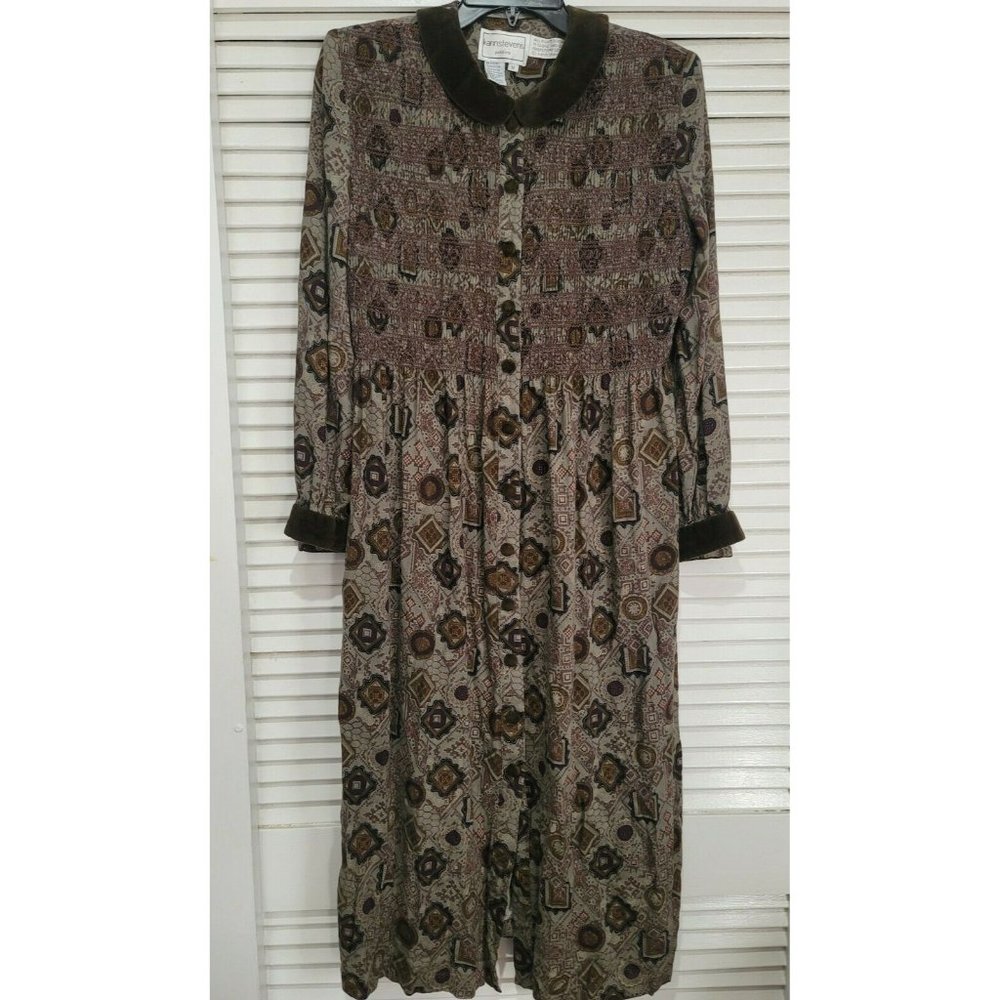 Vtg 90s Karin Stevens 12 Paisley Boho front button velvet accents Maxi Dress